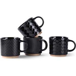 GBhome 8OZ Stackable Coffee Mugs, Ceramic Coffee Mugs with Texture Patterns for Man,Woman,Dad,Mom, Modern Coffee Cups Set of 4 for Espresso/Cappuccino/Cocoa. Dishwasher&Microwave Safe, Black