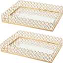 KEHAIL 2 Pcs Gold Metal Crystal Mirror Tray - 11.2"x8.1" Table Centerpieces Tray, Multi-Functional Display for Flowers/Cupcakes/Jewelry, Vanity Organizer & Wedding Dessert Table Accent