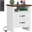Marsail Nightstand for Bedroom, Night Stand with Charging Station, Bedside Table with 2 Drawers & Open Shelf, Farmhouse End Table Storage Cabinet, Wood Beige