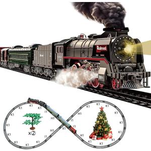 Train Set for Kids, Electric Train Toys with Realistic Light Sounds Smoke, Christmas Train Model Gifts for Toddlers Boys Girls, Steam Locomotive, Luxury Track & 2 Glowing Passenger Carriages