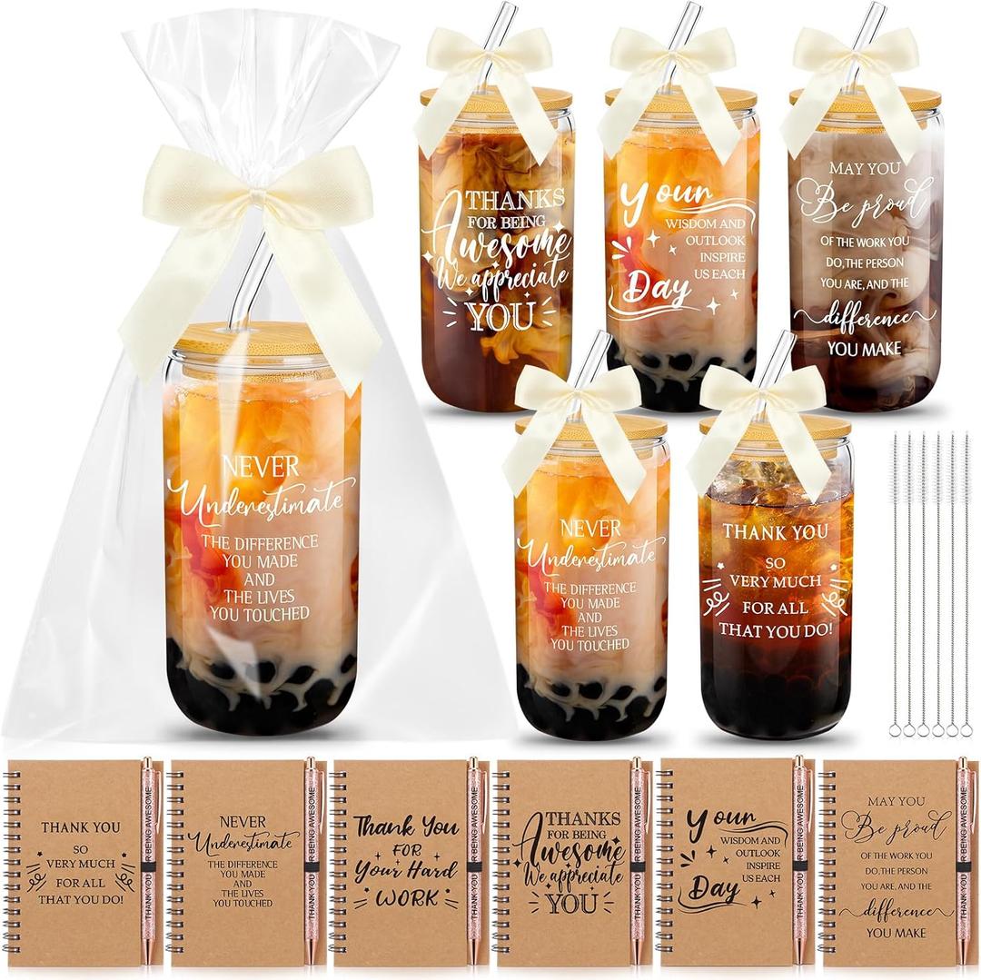 Skylety 18 Pcs Employee Appreciation Gift for Women Christmas Thank You Gifts Bulk for Coworker Team Staff Nurse Teacher 16 oz Glass Cup A6 Inspirational Notebook with Ballpoint Pen Bowknot(Thank You)