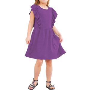 Jimonda Girls Dress Ruffle Sleeve Toddler School Skater Dress for Kids 2-8Y (2T, Purple)