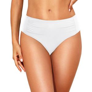 Women Full Coverage Bikini Bottoms - Mid Rise Bathing Suit Ruched Swim Bottom Swimsuit Swimwear (Medium, White)