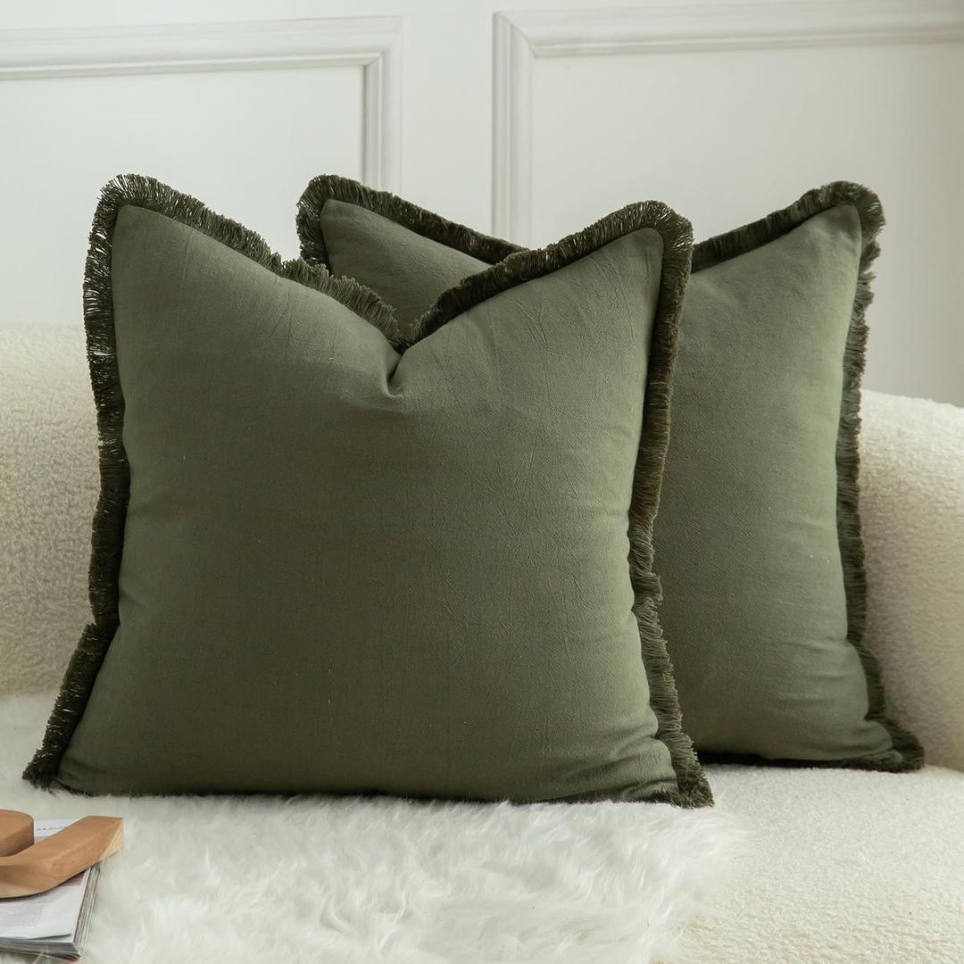 MANDIOO Set of 2 Neutral Cotton Fringe Throw Pillow Covers Decorative Boho Farmhouse Cushion Covers Cozy Tassels Pillowcase for Couch Sofa Bedroom Living Room Home Decor 26x26 Inch Olive Green