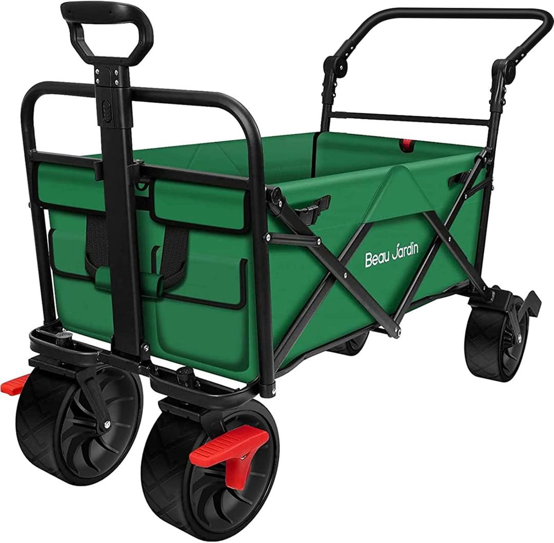 BEAU JARDIN Collapsible Foldable Push Pull Folding Beach Wagon 350lbs Heavy Duty Utility Camping Grocery Garden Sport Shopping Wagon Cart with All Terrain Big Sand Wheels and Brakes Green