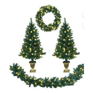 4pcs Pre-lit Christmas Decoration Set w/ Garland Wreath & Entrance Trees