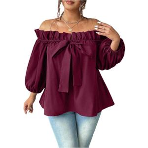 SweatyRocks Women's Plus Size Ruffle Off The Shoulder Blouse Bow Tie Front 3/4 Bishop Sleeve Loose Shirt (Red, XXL)
