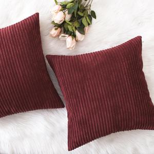 Home Brilliant Pillow Covers 18x18 Decorative Throw Pillows for Couch Dark Red Soft Plush Corduroy Striped Throw Pillow Covers Set of 2 for Sofa Couch Bed, 18 x 18 Inch, Burgundy (18" x 18" (Pack of 2), Burgundy)
