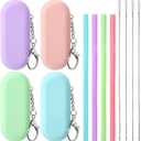 Meanplan 4 Sets Cruise Ship Essentials,4 Set Silicone Straws with Case Reusable Silicone Portable Drinking Straw Set for Party Travel Cold or Hot with 4 Carry Case, 4 Cleaning Brushes (Classic Color)