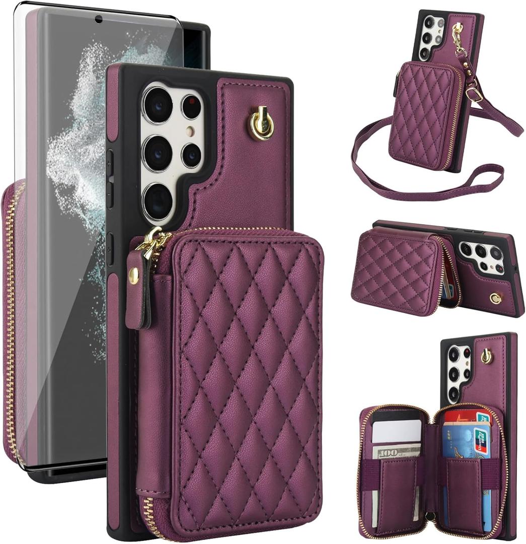 Phone Case for Samsung Galaxy S22 Ultra 5G Wallet Cell Cover with Tempered Glass Screen Protector Wrist Crossbody Strap RFID Blocking Card Holder TPU S22ultra 22S S 22 S22ultra5g 6.8 Women Dark Purple