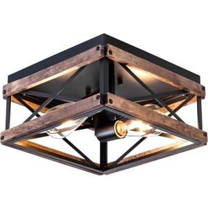 MAYNA 2-Light Industrial Ceiling Light Fixtures, Farmhouse Flush Mount Ceiling Light, Metal and Wood Square Dining Room Light Fixture for Hallway Bedroom Balcony Farmhouse,Black