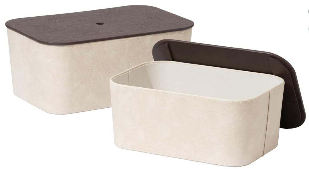 La Jolie Maison Storage Baskets with Lids, Stackable Storage Boxes Set of 2, Velvet Liner and Vegan Leather Lid, Decorative Box for Organizing Office Bedroom Shelf, Beige