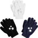 Glooarm 3 Pairs Kids Gloves Winter Gripper Knit Magic Gloves Stretch Warm Cold Weather Gloves for Boys Girls 4-12 Years (Pentacle Printing)