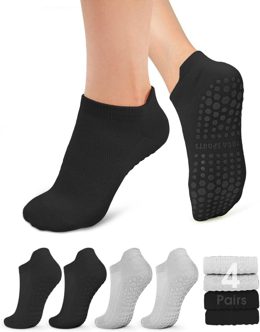 YeuG 4/6 Pairs Pilates Socks for Women - Non Slip Grip Socks for Yoga, Barre, Hospital, Barefoot (Small-Medium, B03-2black/2light Grey)