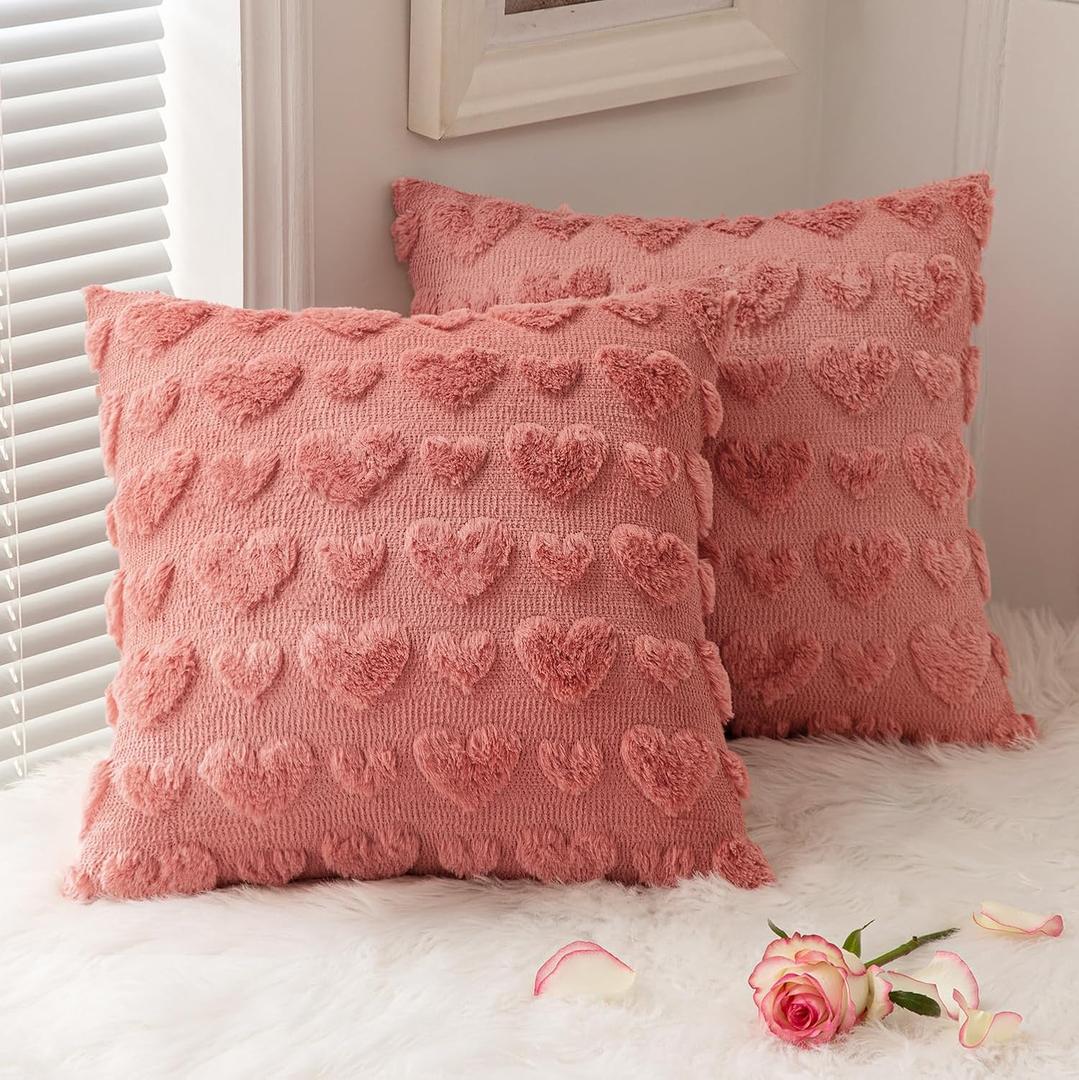 MIULEE Valentines Pillow Covers 18x18 Inch Set of 2 Valentines Day Coral Red Heart Love Decorative Cute Soft Plush Faux Fur Throw Pillows for Girl Couch Sofa Bedroom Holiday Home Decor