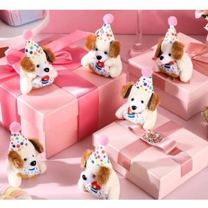 Gejoy 15 Pcs Birthday Small Stuffed Animal with Hat Mini Plush Toys for Student Classroom Reward Gifts Cute Soft Puppy Dog Toy Bulk Birthday Party Goodies Bag Fillers Party Decor
