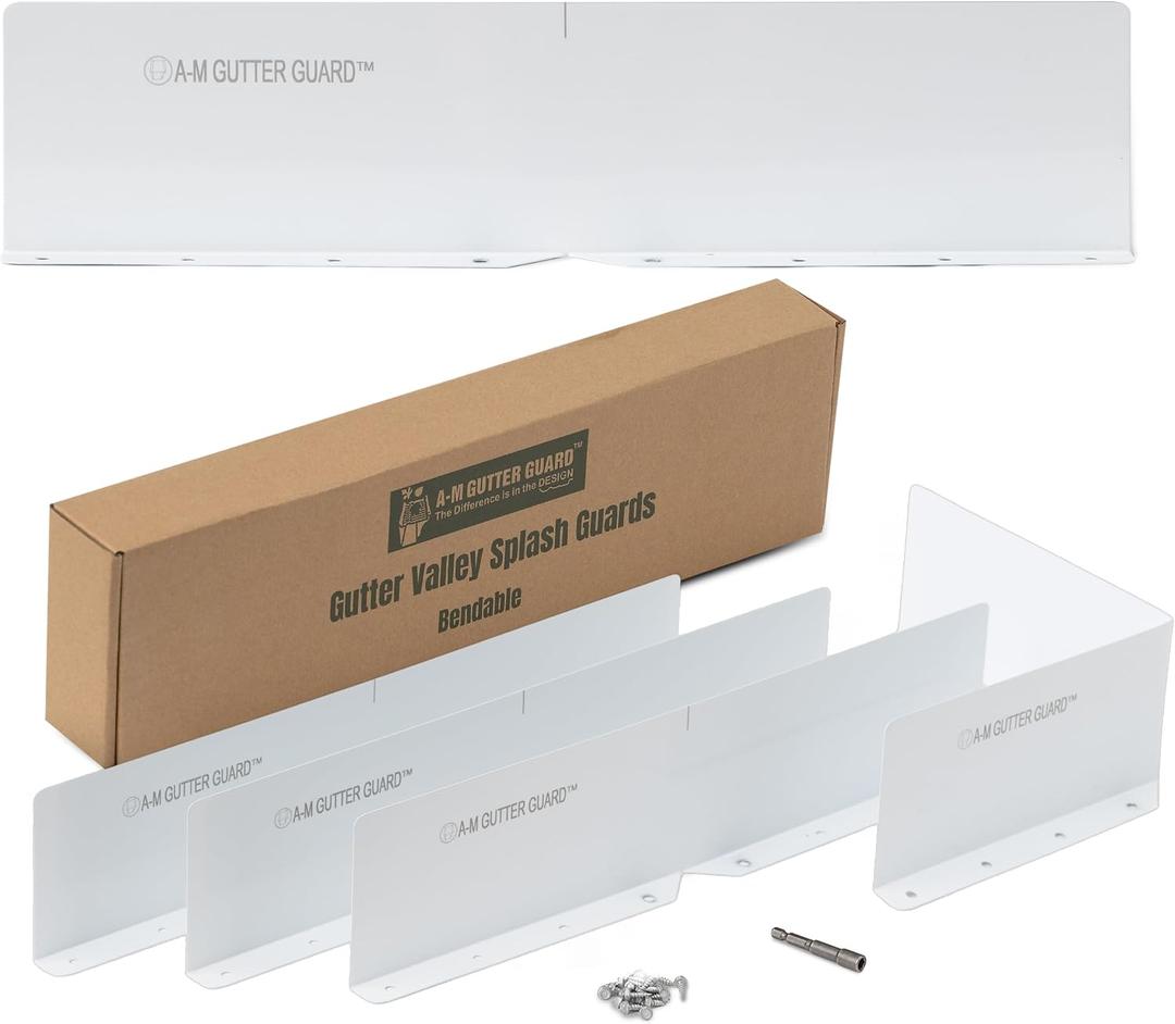 A-M Gutter Guard Gutter Valley Splash Guards 4 Pack White | Includes Stainless Steel Zip Screws & 1/4" Hex Bit | Bendable Aluminum Design Prevents Overflow | 22-Gauge Aluminum (.0275"/.7mm)