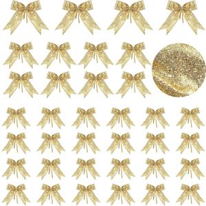 Waydress 36 Pieces Bow Decor, Christmas Tree Bow Ornament, Glitter Ribbon Bowknot for Wreath Garland, Party Crafts Home Decoration, 3 Sizes 4.3 x 4.7, 5.1 x 5.5, 6.3 x 6.7 Inch(Gold)