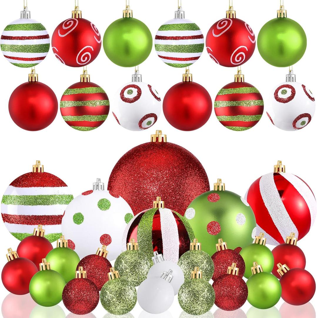 Vercraft 36 Pcs Christmas Ball Ornaments Set Red and Green Christmas Tree Pendants Glittering Plastic Hanging Decorations Lime Green Decor for Xmas Tree Wreath Holiday Party Decorations