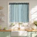 Sutuo Home Blue Boho Curtain 52W x 36L inch White Striped Light Filtering Short Valance Tier, 1 Panel Embroidery Bohemian Farmhouse Country Kitchen Window Treatment Decor for Small Closet