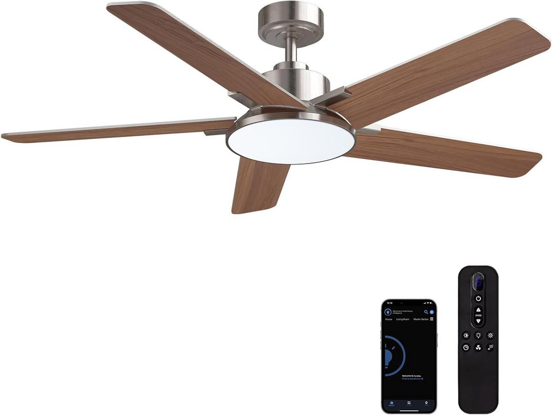 52 Inch Ceiling Fans with Lights and Remote, Modern Ceiling Fan with Dimmable LED, 6 Speeds, Timer, Quiet Reversible DC Motor, Nickel Ceiling Fan for Bedroom, Living Room and Kitchen