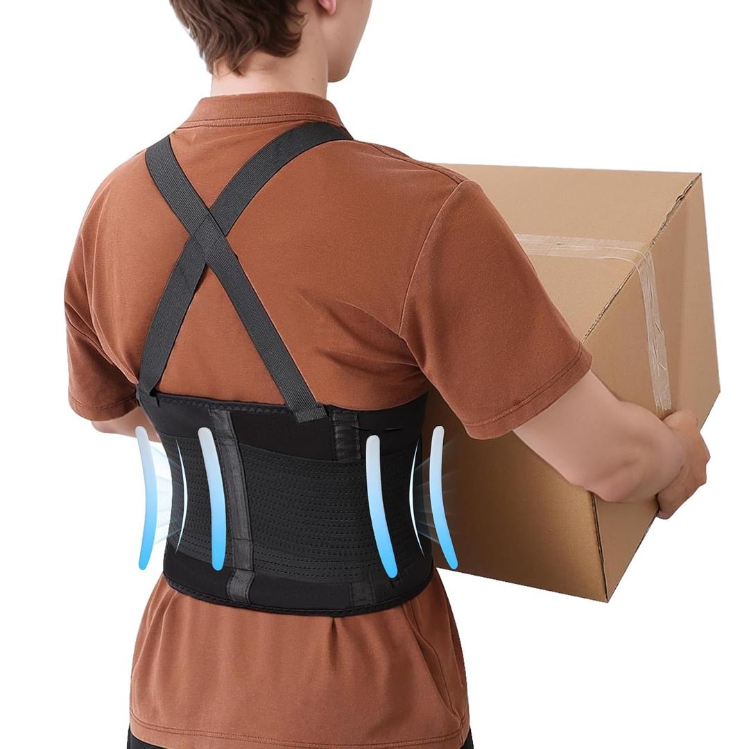 Work Back Brace for Men and Women Shoulder Straps Pain Relief Lower back Support Belt With Suspenders Adjustable Workout Warehouse Heavy Lifting Safety Protection Construction Moving Black XX-Large (Black, XXL)