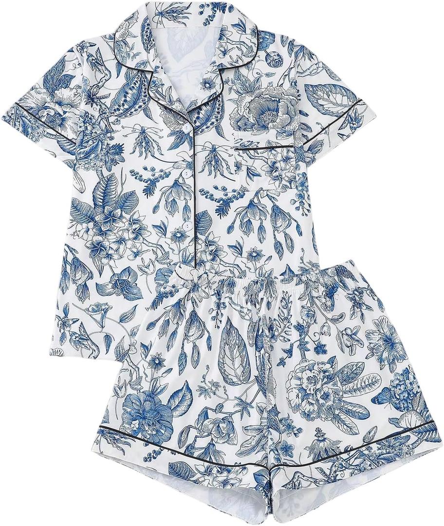 SHENHE Women's Floral Pajama Set 2 Piece Button Down Boho Vacation Shirt with Shorts Cute Pjs Set Lounge Pj Royal Blue Small (S)