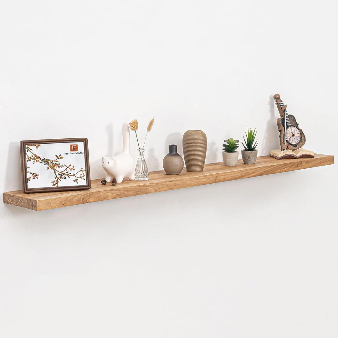 Fun Memories 55" Floating Shelves for Wall, Rustic Solid Elm Wood Floating Shelves - Invisible Bracket Mount, Extra Long Wall Mounted Shelf for Living Room, Bathroom, Bedroom, Kitchen, Natural