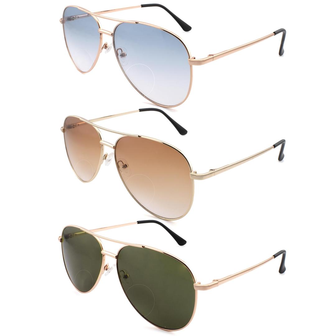 2 Pack Bifocal Reading Sunglasses for Women Men, Aviator Sun Readers Glasses Gradient Lens Shades UV400 +1.50