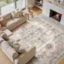 Washable 8x10 Area Rug for Living Room & Dining Room - Large Vintage Farmhouse Soft Carpet with Non-Slip Backing, Stain Resistant Low-Pile Indoor Rug for Home Office, Kid & Pet Friendy -Beige