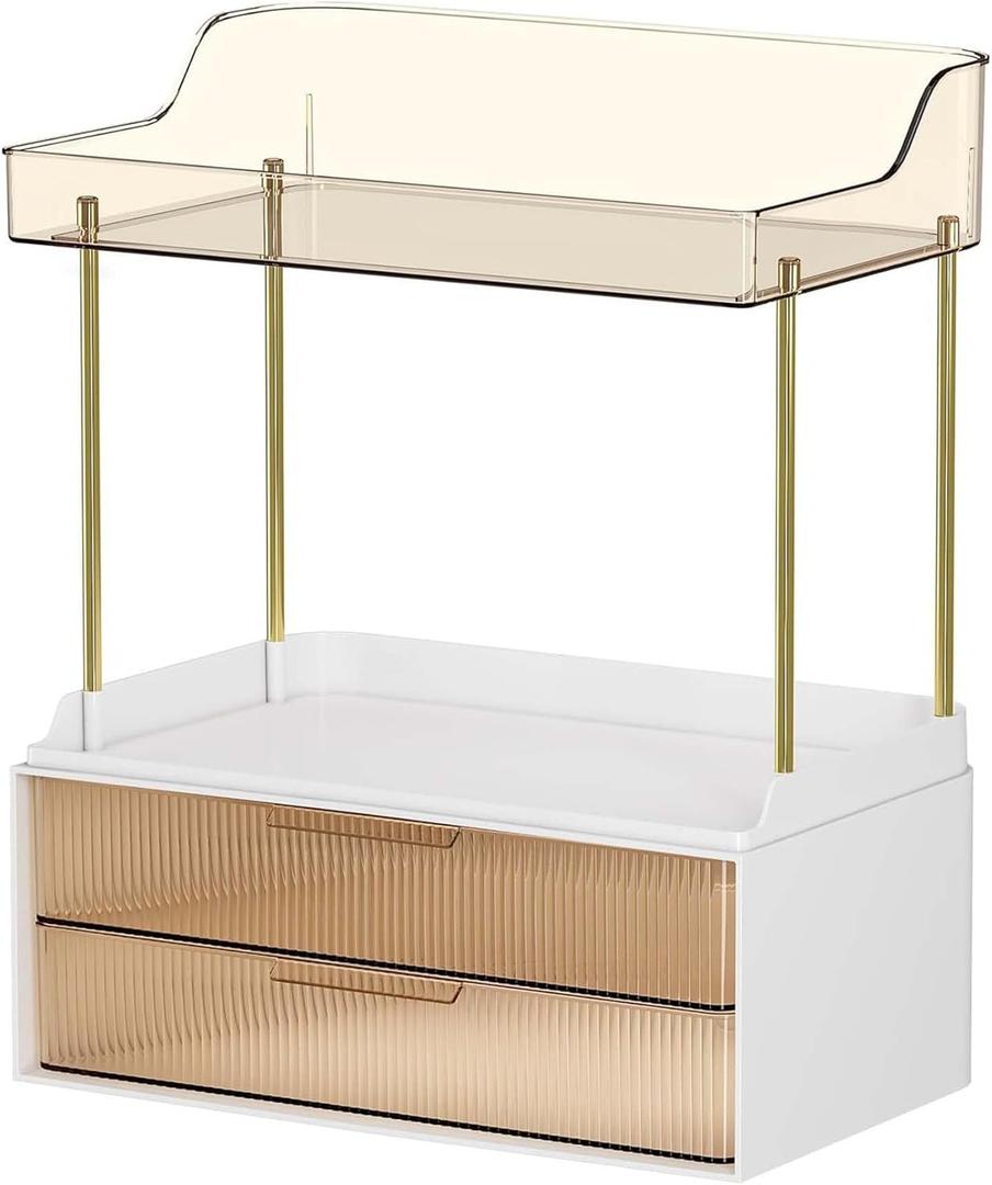 2-Tier,2-Drawer Counter Organizer-Maximize Bathroom and Vanity Space, Keep Your Skincare, Makeup,and Toiletries Neatly Organized with Durable,Easy-to-Clean Design
