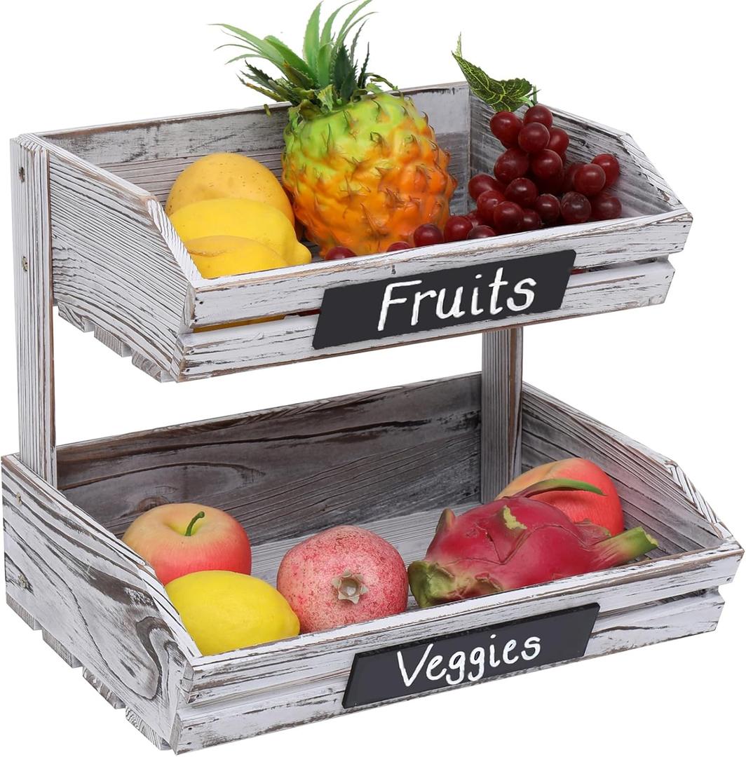 Fruit Basket Hanging Storage Baskets Kitchen Storage,2 Tier Farmhouse Standing Wooden Organizer,Classic Pastoral Holder Rack for Kitchen,Office,Dining Room and Guest Room (Need Assemble)