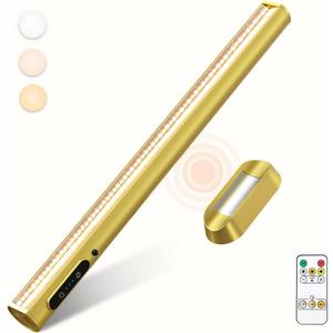 bravzurg Rechargeable Magnetic LED Light Bar with Remote, Under Cabinet Lighting Wireless, Battery Powered Operated Wall Strip Lights, Dimmable Desk Lamp for Picture Mirror Closet Room  Gold (without Motion Sensor)