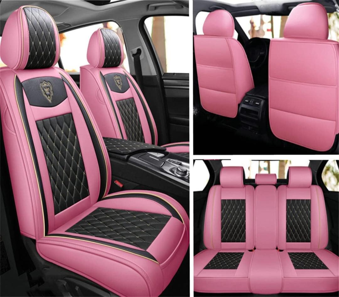 Car Seat Covers Full Set, Super Luxurious Heavy Universal Duty Waterproof Leather Automotive Vehicle Cover for Cars SUV Pick-up Truck, Non-Slip Seat Pink Car Accessories(Pink Black)