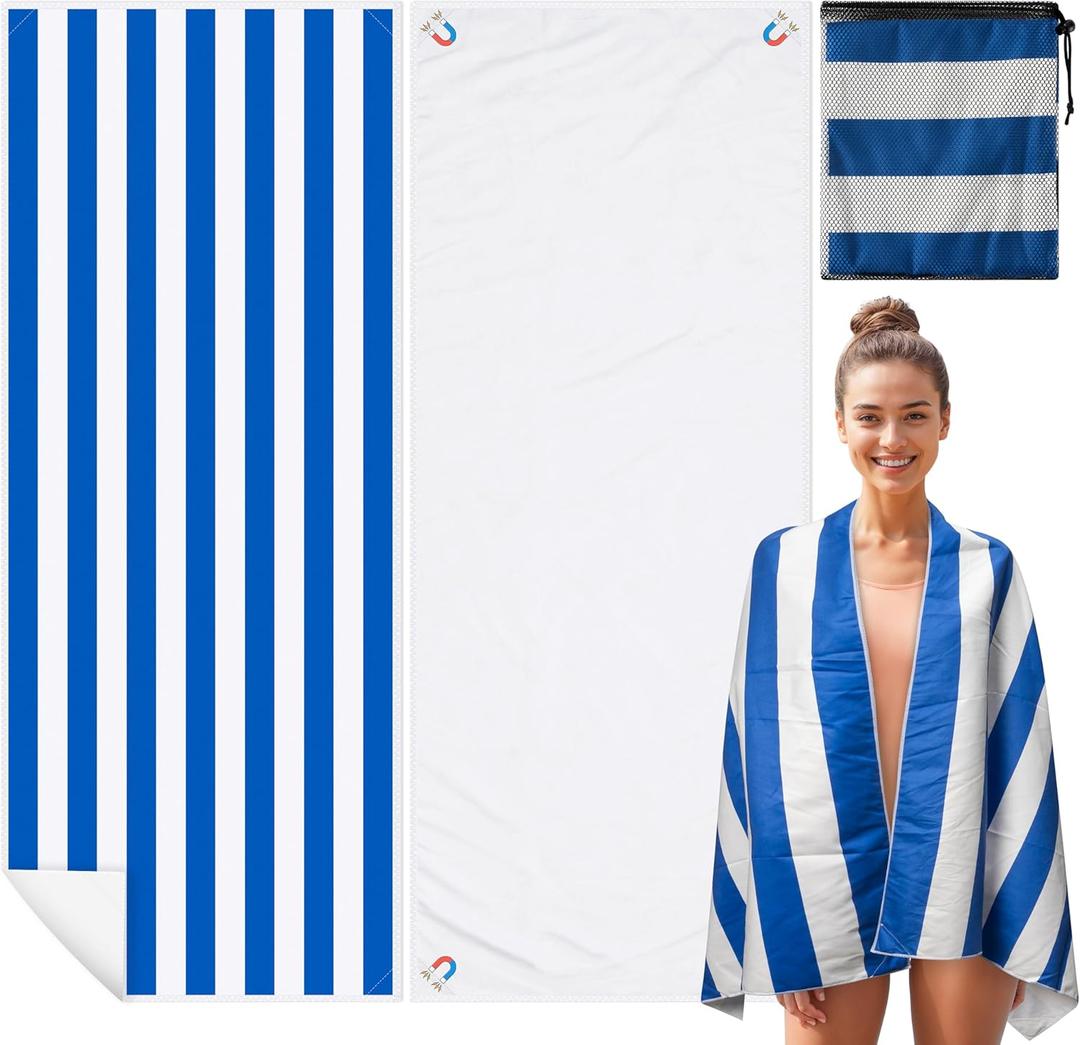 Blue Stripes Magnetic Beach Towel - 75"x30" Sand Free Quick Dry Microfiber Towel with Built-in Magnets Lightweight for Beach Chair Car Door Pool Travel Camping Yoga with Storage Bag