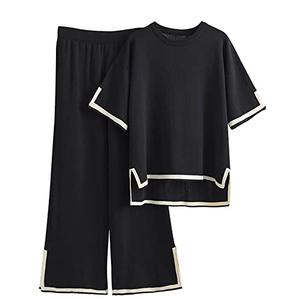 Tanming Sweater Sets Women 2 Piece Lounge Sets Short Sleeve Knit Pullover Tops Wide Leg Pants (Black-M) : Clothing, Shoes & Jewelry