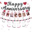 Happy Anniversary Party Decoration Set – Black Glitter Banner, Photo Banner, Black & Red Confetti Garland, 6 Hanging Swirl