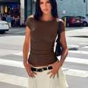 ZESICA Women's Summer Boat Neck Short Sleeve T Shirts 2026 Spring Slim Fit Y2k Going Out Crop Tops Basic Trendy Outfits, Brown, XL (Brown, XL)