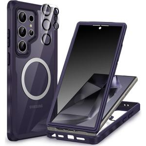 CENHUFO Magnetic Privacy for Samsung Galaxy S24 Ultra Case, Full Body Phone Case with Built-in Privacy Screen Protector and Camera Lens Cover, Anti Peep Shockproof Protective Clear Bumper - Purple