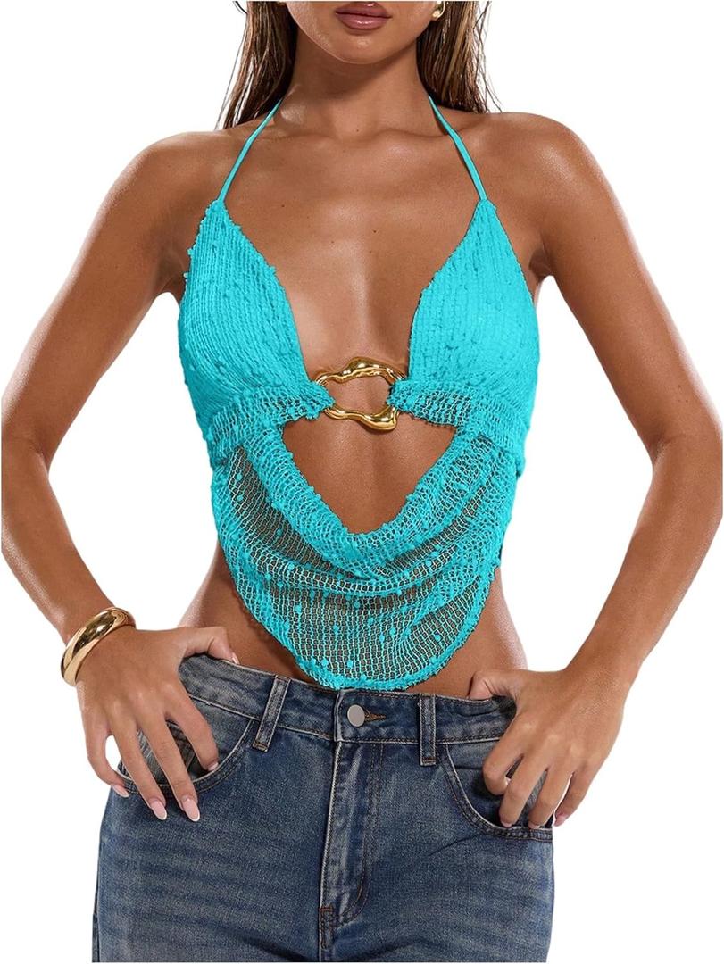 MakeMeChic Women's Y2k Crochet Halter Top Open Back Metal Ring Draped Front Summer Sequin Rave Party Going Out Tops (Blue, S)