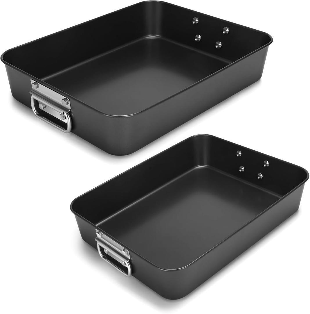 Lasagna Pan 3 Inch Deep, 2 Pcs 13.7"16" Baking Pan for Oven, Roasting Pans with Handles, Nonstick Rectangle Cake Pans, Heavy Duty, Dishwasher Safe, Dark Grey