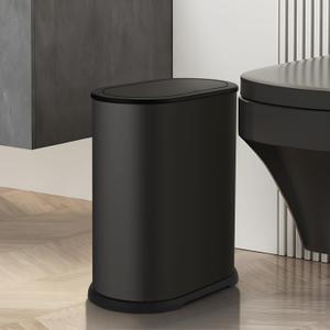 Anzoymx Stainless Steel Bathroom TrashCans 1.8 Gallons Small Garbage Can with Pop up Lid, Metal Narrow Wastebasket, Slim Waterproof Litter TrashBins Set for Bedroom, Toilet, Office (Black)