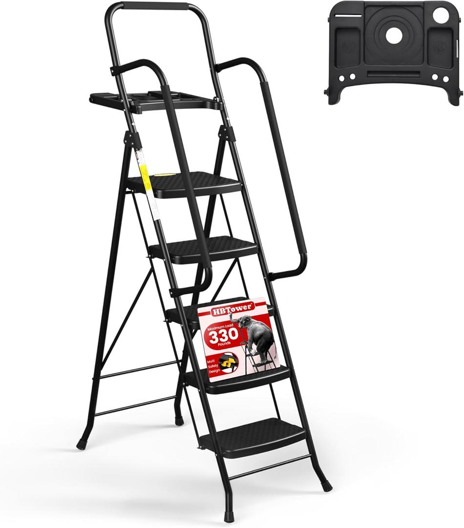 HBTower Step Ladder, Folding Step Stool with Wide Anti-Slip Pedal, Sturdy Steel Ladder, Convenient Handrail, Lightweight, Portable Steel Step Stool (Black)
