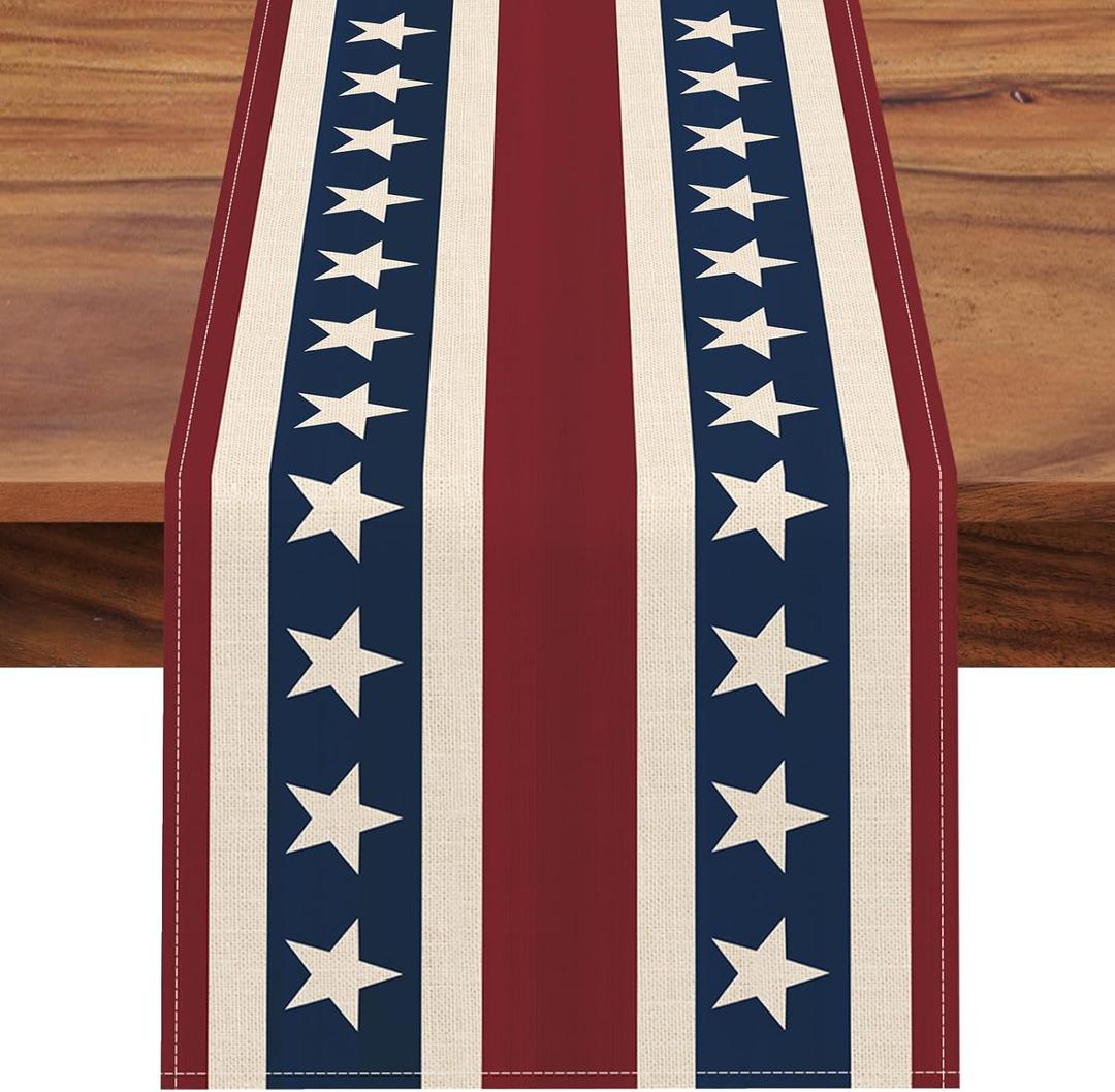 Seliem 4th of July Patriotic Table Runner, America Stars Stripes Kitchen Dining Table Decor, American USA Burlap Home Decoration Indoor Outdoor Party Supply 13 x 72 Inches