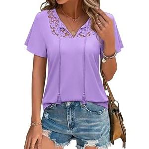 Uhiger Purple Tops for Women Boho Tops Short Sleeve Lace Blouses V Neck Flowy Shirts Tie Front Chic Tunics Casual Outfits Vacation, XL