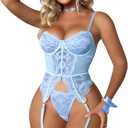 WDIRARA Women's Sexy Floral Lace Garter Bustier Lingerie Set | Cute Lingerie Set, Crotchless Lingerie, with 1Pair Fishnet Stocking (S)