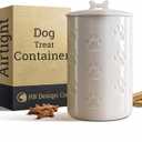 Dog Treat Container Airtight - 5 Inch Wide x 9 Inch Tall Ceramic Dog Treat Jar for Kitchen Counter with Airtight Lid - 7 Cup Capacity Pet Treat Container - Cute Doggie Cookie Jar - Big Treats Canister (White)