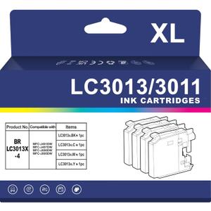 LC3013 XL Ink Cartridges Compatible with Brother LC3011 LC3013 High Yield Replacement for MFC-J497DW, J491DW, J690DW, J895DW Printers Pack of 4 (Black, Cyan, Magenta, Yellow)