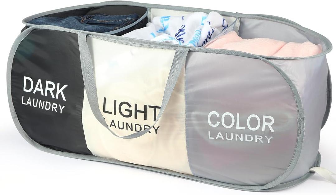 Seefoo 3-Section Foldable Hamper for Laundry, Collapsible Laundry Baskets with Easy Carry Handles, Space-Saving Clothes Pop Up Hamper with Dark/Light/Color Sorting Labels for Home, Travel, Dorm