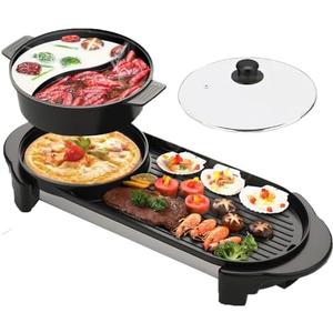 Hot Pot with Grill, Electric Hot Pot 2 in 1 Shabu Shabu Hot Pot Korean BBQ Grill, Removable Hotpot Pot 1200W / Large Capacity Baking Tray, Separate Temperature Control, Electric Grill for 2-12 People